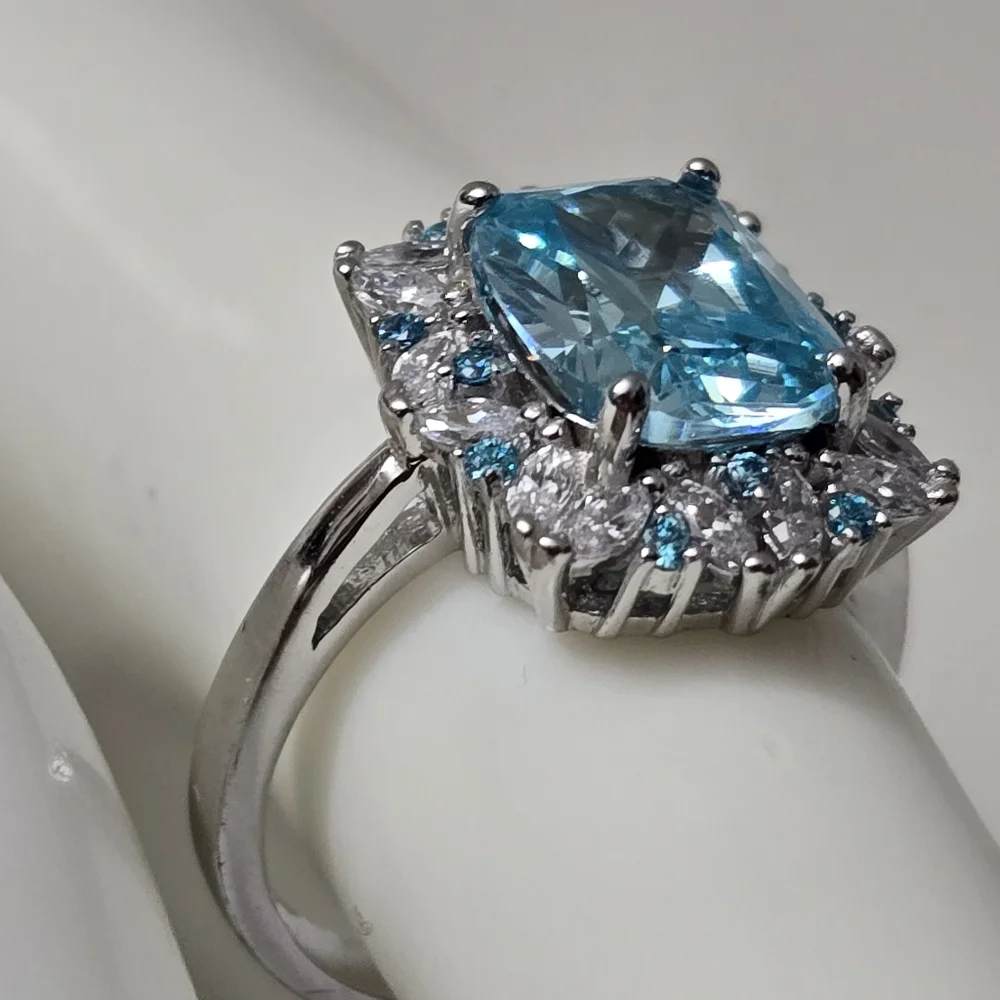 Sterling Silver 925 Blue Topaz Silver Halo Ring